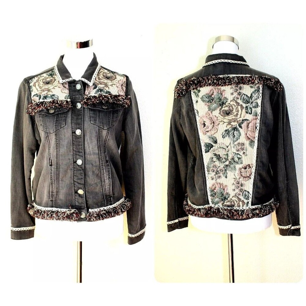 Upcycled OOAK BUFFALO DAVID BITTON Denim Jacket Sz. M Gray Multicolor Tapestry *